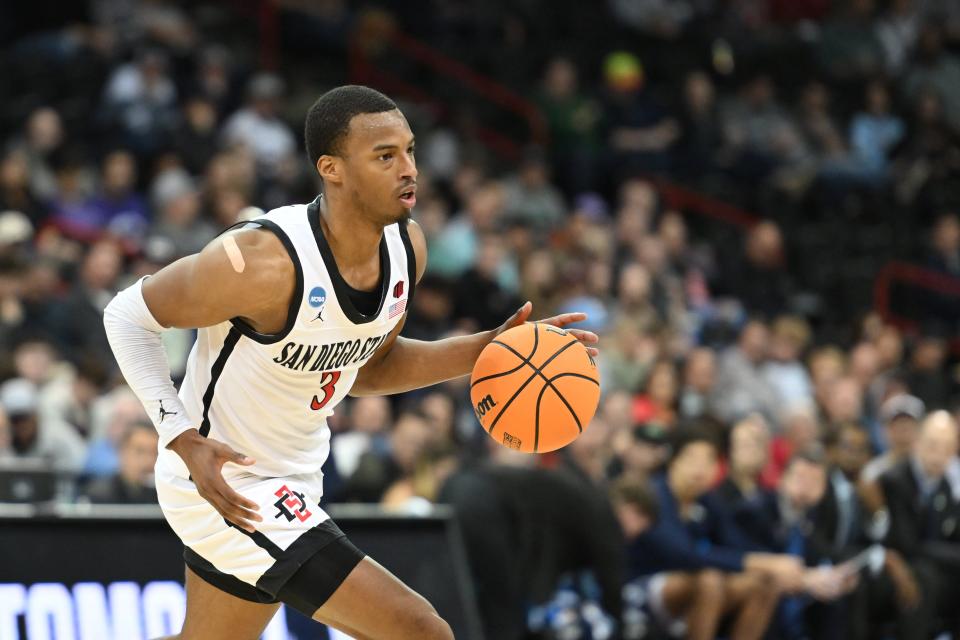 Mar 24, 2024; Spokane, WA, USA; San Diego State Aztecs guard Micah Parrish (3) dribbles the ball in the second half against the Yale Bulldogs at Spokane Veterans Memorial Arena. Mandatory Credit: James Snook-USA TODAY Sports