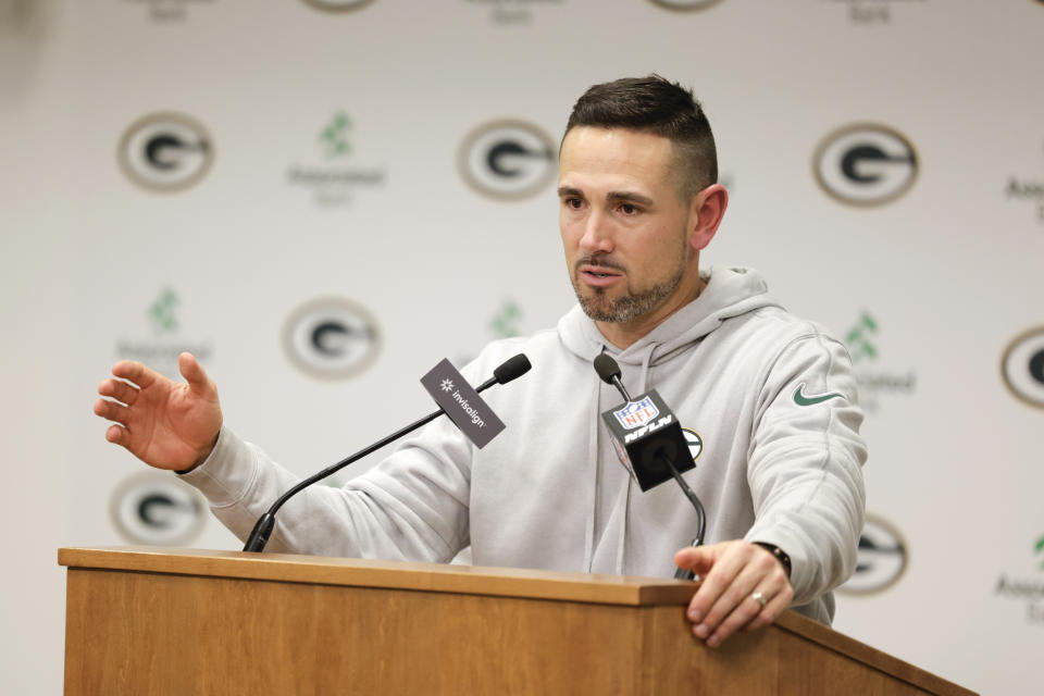 Green Bay Packers head coach Matt LaFleur talks after an NFL football game against the Kansas City Chiefs, Monday, Dec. 4, 2023 in Green Bay, Wis. (AP Photo/Mike Roemer)