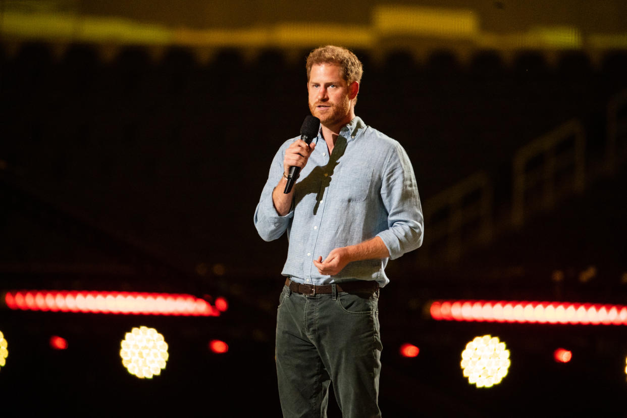 INGLEWOOD, CA - MAY 02: Prince Harry gives remarks at the Vax Live concert at SoFi Stadium on Sunday, May 2, 2021 in Inglewood, CA. (Jason Armond / Los Angeles Times via Getty Images)