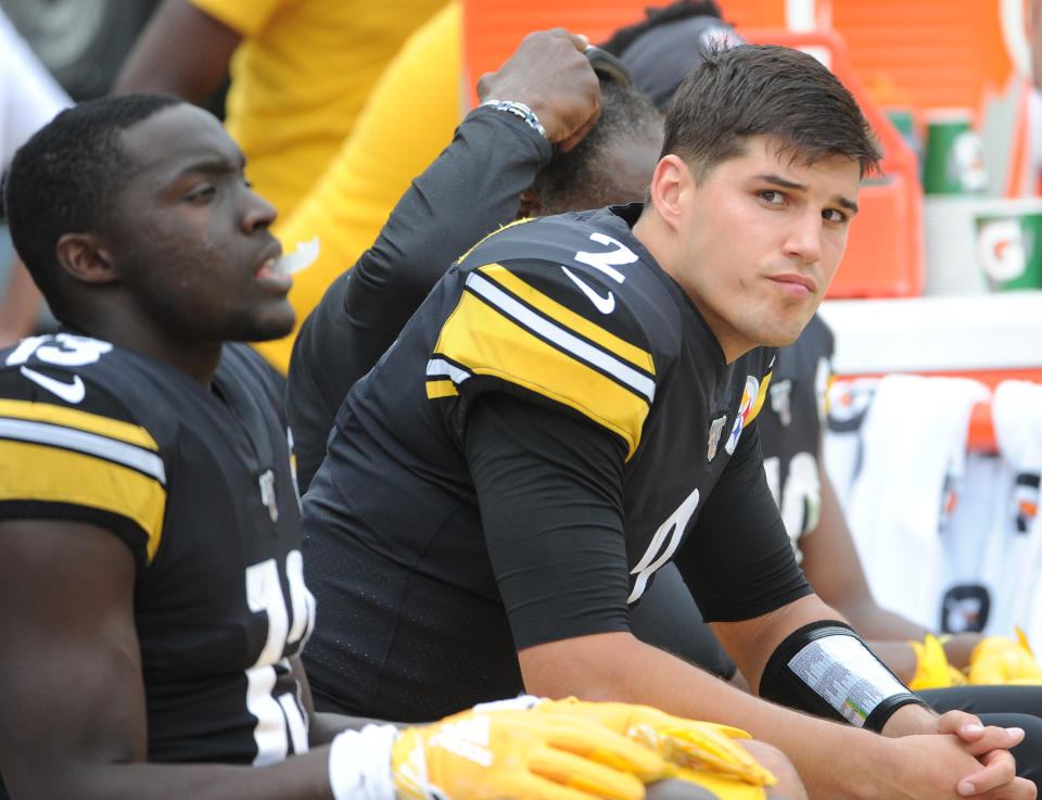 Sep 15, 2019; Pittsburgh, PA, USA; Pittsburgh Steelers quarterback Mason Rudolph (2) and wide receiver James Washington (13) watch the final minutes of play against the Seattle Seahawks during the fourth quarter at Heinz Field. Mandatory Credit: Philip G. Pavely-USA TODAY Sports