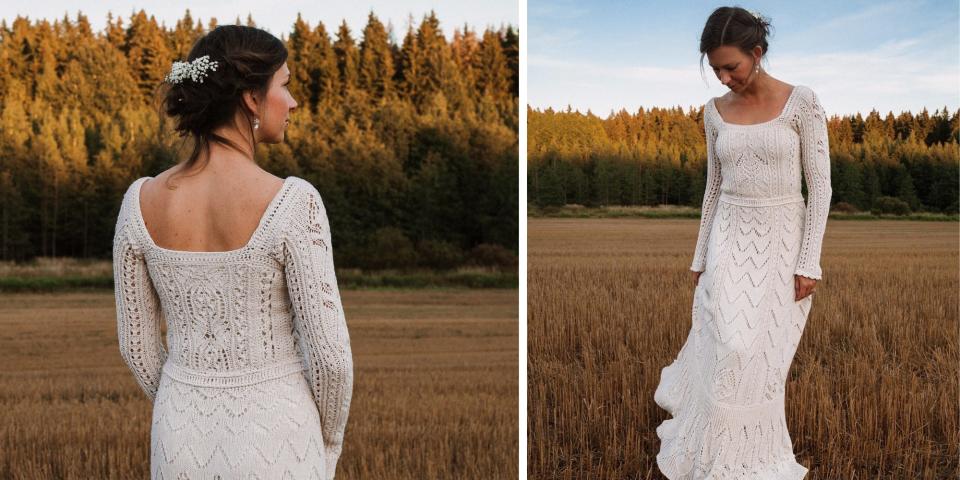 Two pictured of Lindberg in her knitted wedding dress.