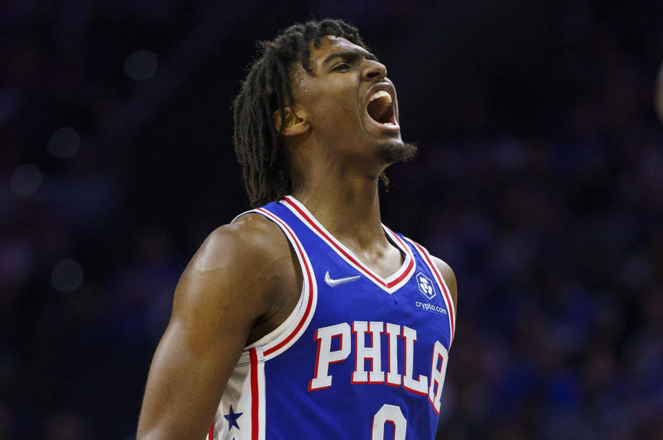 Philadelphia 76ers guard Tyrese Maxey led all scorers with 38 points as the Sixers won Game 1 of the NBA playoffs first-round series 131-111 over the Toronto Raptors on April 16, 2022. (AP Photo/Chris Szagola)