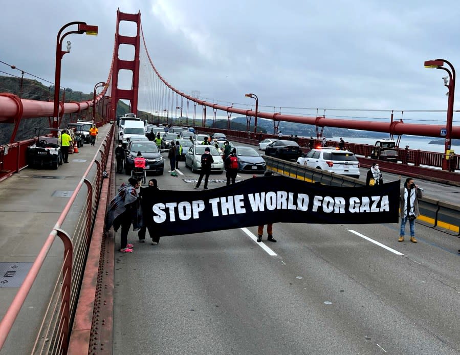 The Golden Gate Bridge is shut down by protesters on April 15, 2024. (Image courtesy Ellen Caminiti)