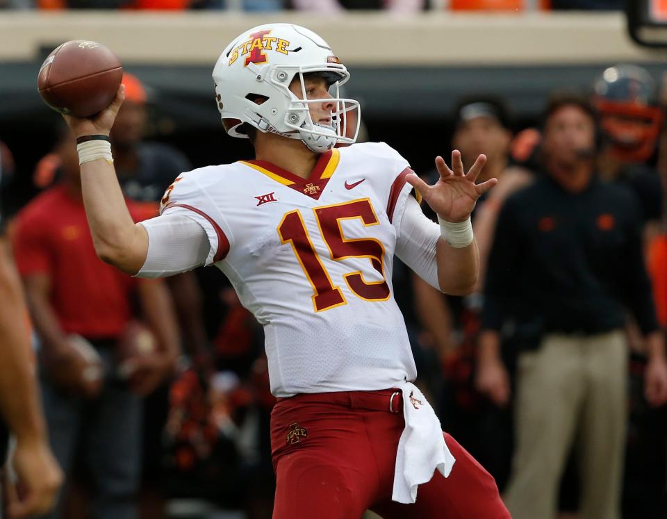 Iowa State quarterback Brock Purdy throws in the second half against Oklahoma State in Stillwater, Okla., Saturday, Oct. 6, 2018.