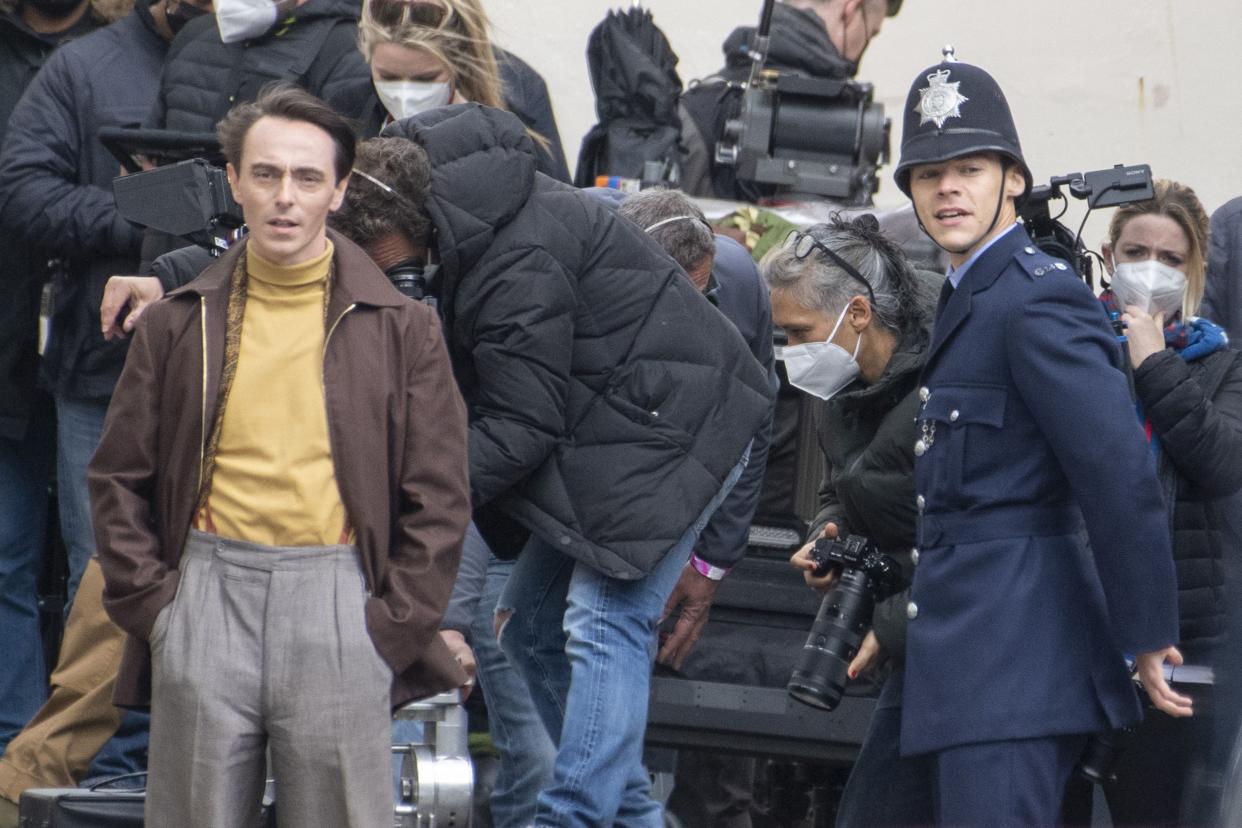 David Dawson and Harry Styles are seen filming a scene for "My Policeman," an upcoming romantic drama movie, on May 4, 2021, in Brighton, England.