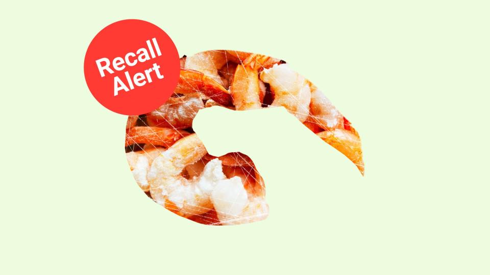 A shape of a shrimp with frozen shrimp inside, overlaid by a recall button