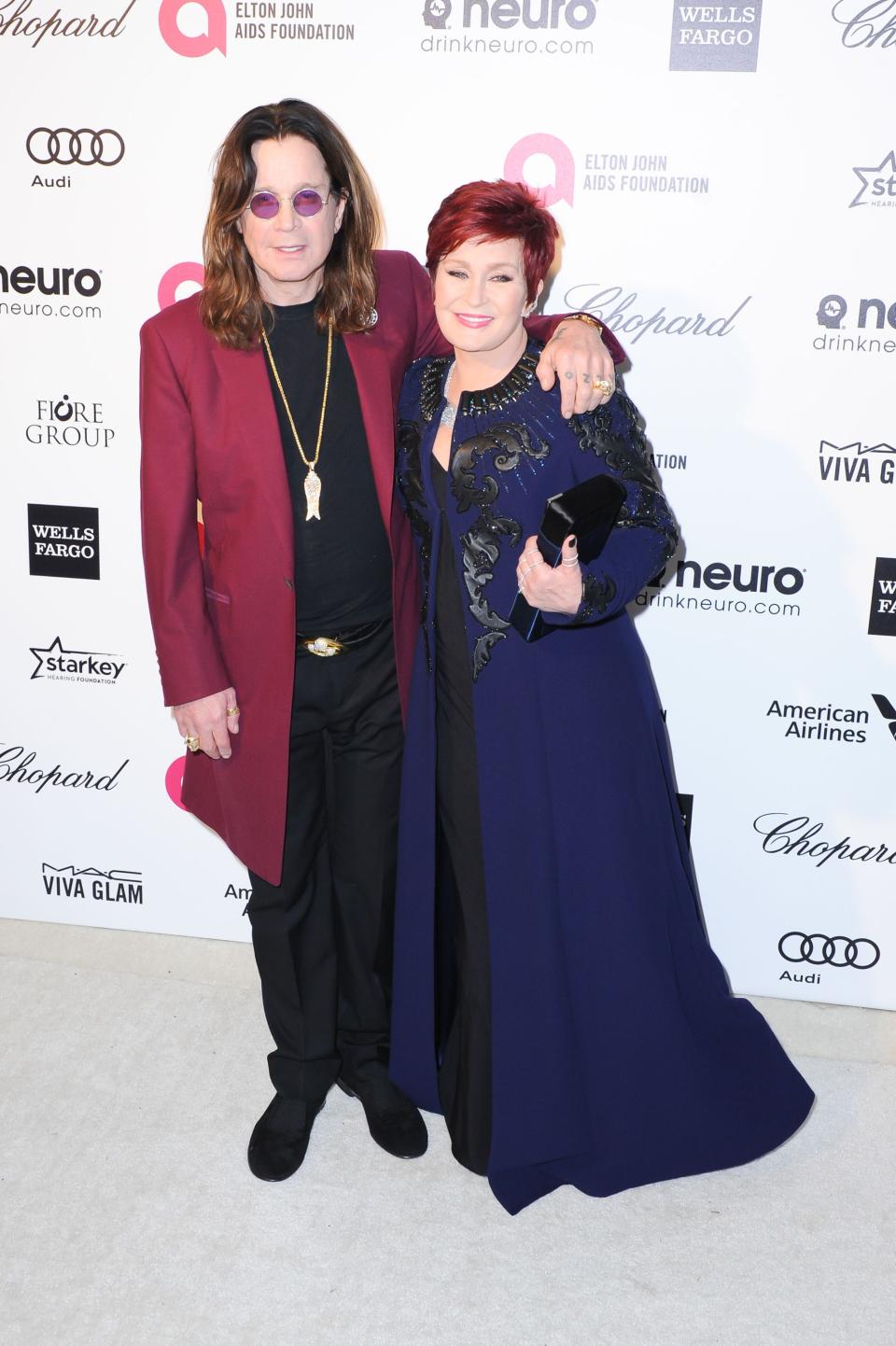 Ozzy Osbourne, Sharon Osbourne at arrivals for 2015 Elton John AIDS Foundation Viewing Party, West Hollywood Park, Los Angeles, CA February 22, 2015. Photo By: Sara Cozolino/Everett Collection