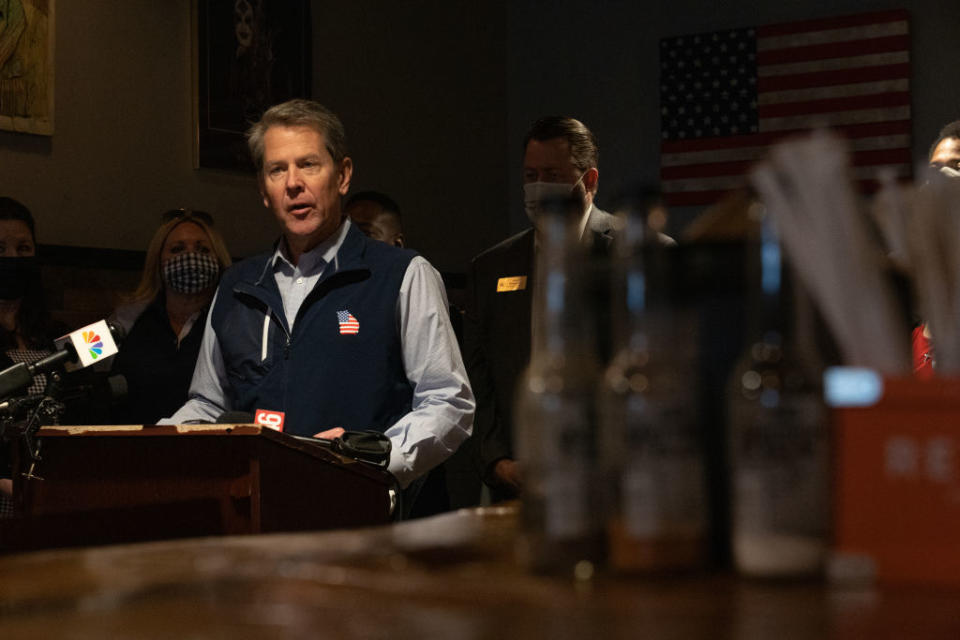 Georgia Gov. Brian Kemp speaks at a news conference about the state's Election Integrity Law on April 10, shortly after it passed.