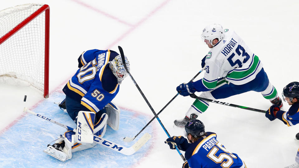 It doesn't get better than Bo Horvat's opening goal for the Vancouver Canucks. (Jeff Vinnick/Getty Images)