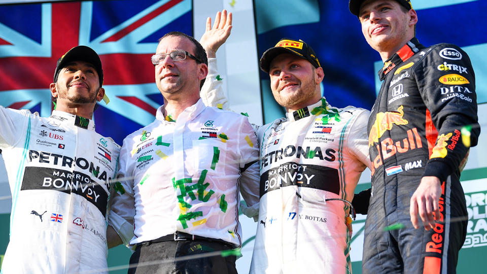 Lewis Hamilton, Valtteri Bottas and Max Verstappen on the podium. (Photo by Morgan Hancock/NurPhoto via Getty Images)