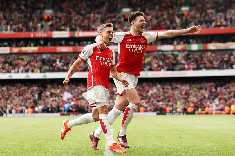 Leandro Trossard and Declan Rice celebrate as Arsenal beat AFC Bournemouth