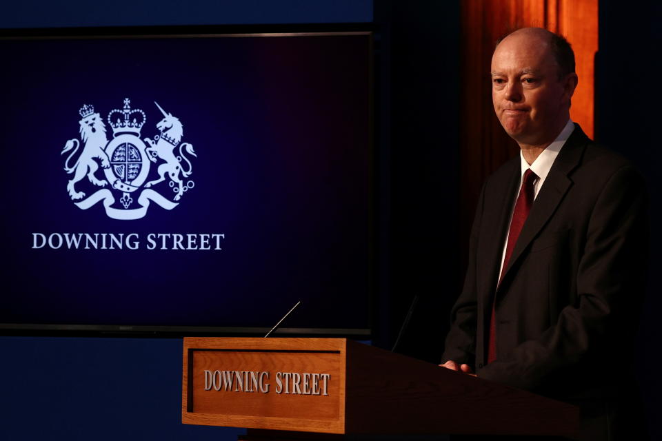 British Chief Medical Officer for England Chris Whitty attends a news conference for the latest coronavirus disease (COVID-19) update in the Downing Street briefing room, in London, Britain December 8, 2021. Adrian Dennis/Pool via REUTERS