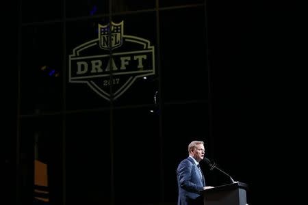 FILE PHOTO: Apr 27, 2017; Philadelphia, PA, USA; NFL commissioner Roger Goodell speaks before the 8th pick in the first round the 2017 NFL Draft at the Philadelphia Museum of Art. Mandatory Credit: Bill Streicher-USA TODAY Sports