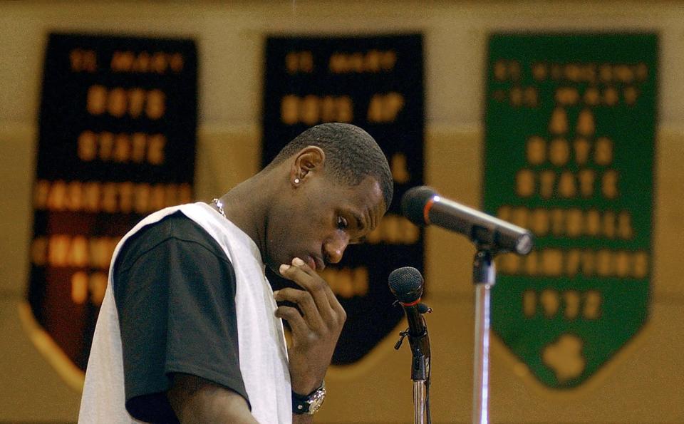 St. Vincent-St. Mary senior LeBron James ponders a question from a reporter during a news conference on April 25, 2003.