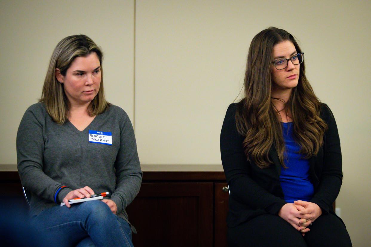 Eugene City Council Ward 7 candidates Barbie Walker and Lyndsie Leech listen to a question during a candidate forum held by the City Club of Eugene on Friday. The third candidate, Janes Ayres, was not in attendance.