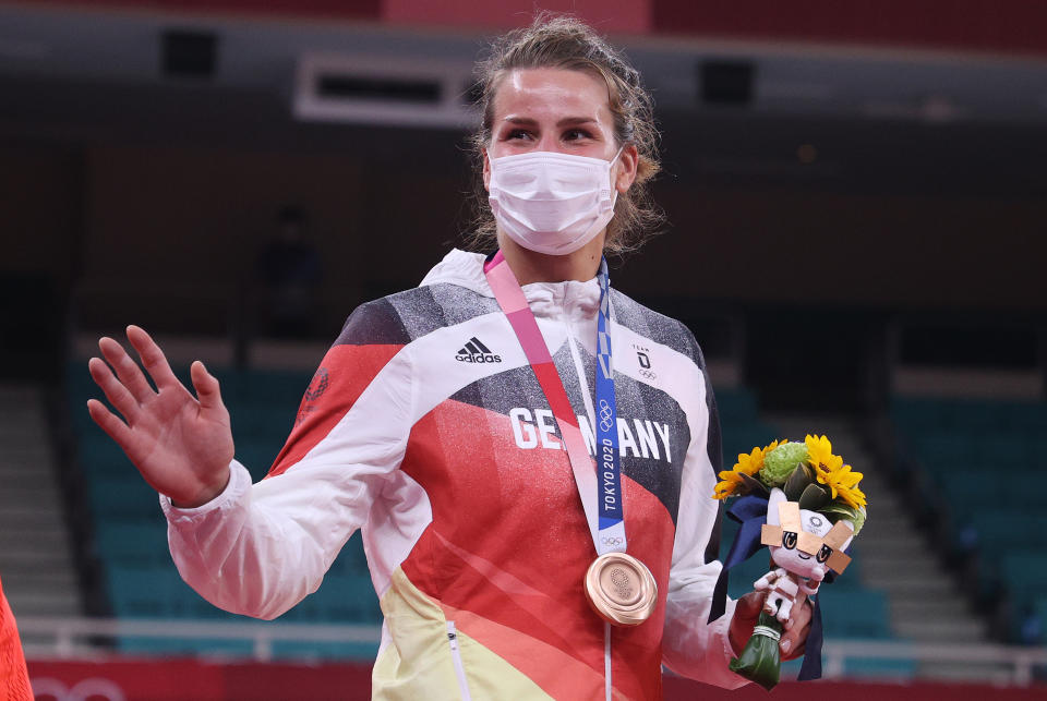 TOKYO, JAPAN - JULY 29: Anna-Maria Wagner of Team Germany poses on the podium with the bronze medal during the medal ceremony for the Women’s Judo 78kg event on day six of the Tokyo 2020 Olympic Games at Nippon Budokan on July 29, 2021 in Tokyo, Japan. (Photo by Chris Graythen/Getty Images)