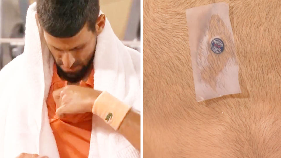 Novak Djokovic (pictured) caused a stir after he revealed an object taped to his chest during his second round French Open match. (Images: @TennisChannel)