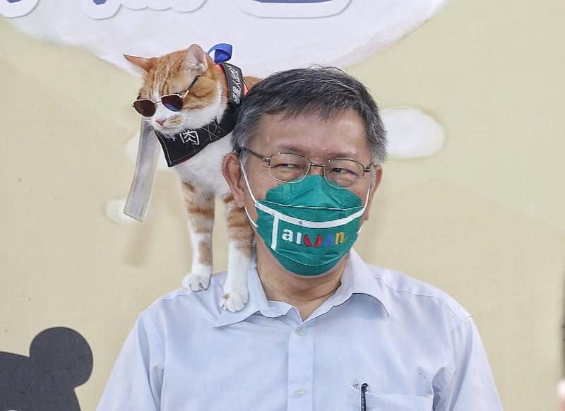 台北市長柯文哲去年出席「動物保護月」開幕活動，與喵星人合影增加吸睛度。圖片來源：中央社