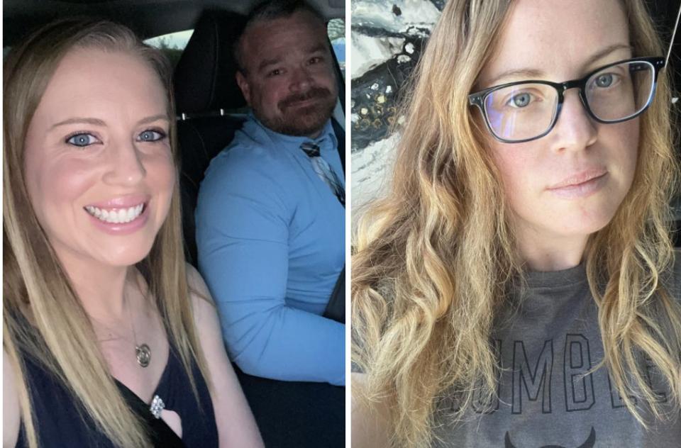 Left: Laura Long with her husband, Justin Long, just a few days before getting sick in March. Right: On April 16, after losing 15 pounds. (Photo: Laura Long)