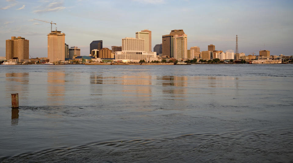 The Mississippi River is at 16 feet, which is just below flood stage, 17 feet, in New Orleans, Thursday, July 11, 2019 ahead of Tropical Storm Barry from the Gulf of Mexico. The river levees protect to about 20 feet, which the river may reach if predicted storm surge prevents the river from flowing into the Gulf of Mexico. (AP Photo/Matthew Hinton)