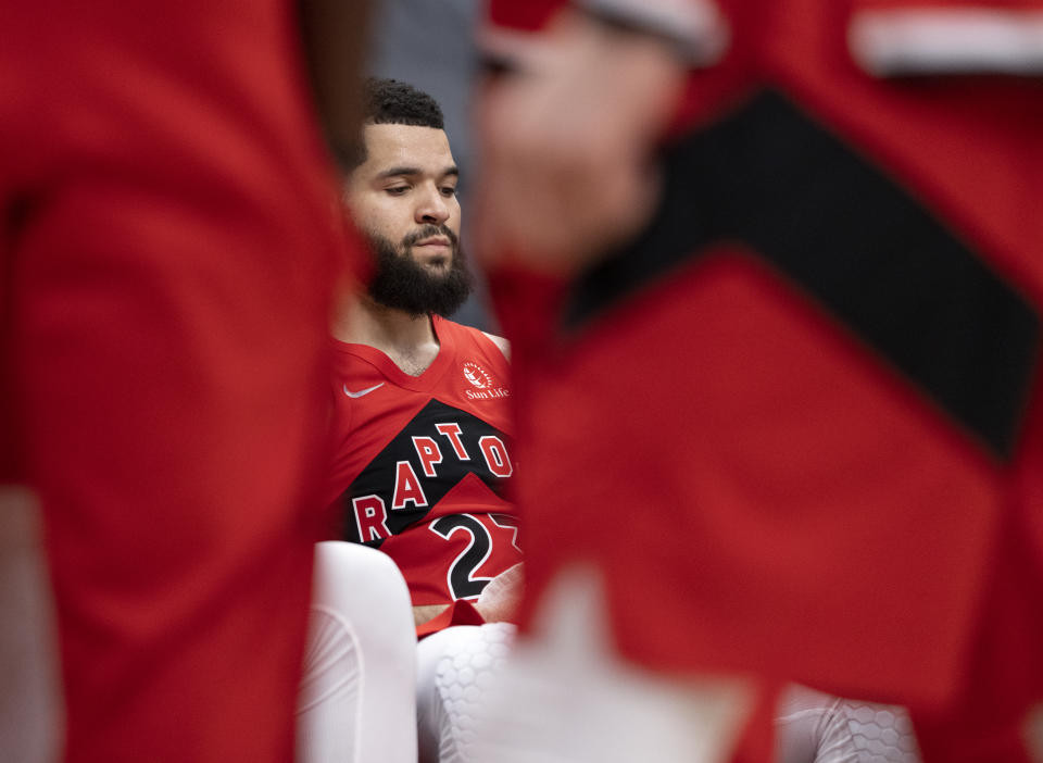 Toronto Raptors guard Fred VanVleet (23) sits on the bench during a timeout late in second-half NBA basketball game action against the Portland Trail Blazers in Toronto, Sunday Jan. 23, 2022. (Frank Gunn/The Canadian Press via AP)