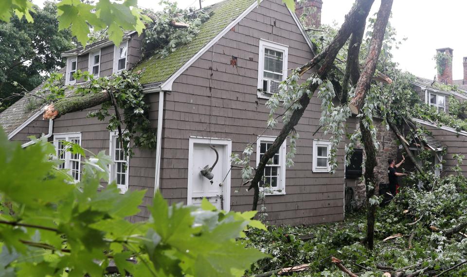 Tree workers remove a tree that damaged a home on Green Street in Kingston the morning after a violent storm swept through the Kingston area  July 14, 2022. 