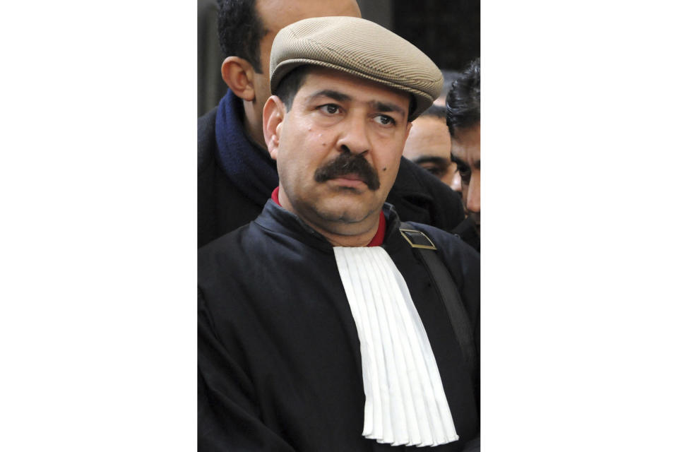 FILE - Tunisian lawyer Chokri Belaid attends a news conference at the lawyers' bar in Tunis on Dec. 29, 2010. Four people were sentenced Wednesday, March 27, 2024, to death and two given life imprisonment over the 2013 assassination of Tunisian opposition leader Chokri Belaid. (AP Photo/Hassene Dridi, File)