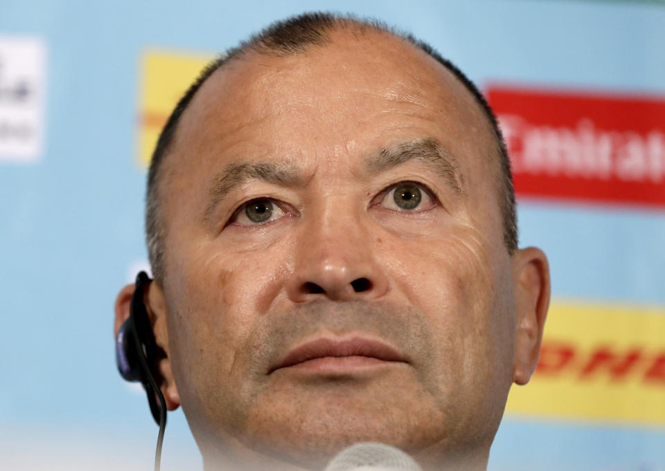 England coach Eddie Jones listens to a question during a press conference in their team hotel in Tokyo, Japan, Thursday, Oct. 31, 2019. England will play South Africa in the Rugby World Cup final on Saturday Nov. 2. in Yokohama. (AP Photo/Mark Baker)