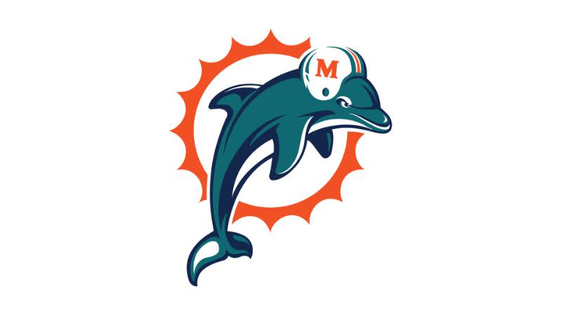 Miami Dolphins logo from 1997, depicting a leaping dolphin wearing a football helmet and with a game face, in front of a sun shape.