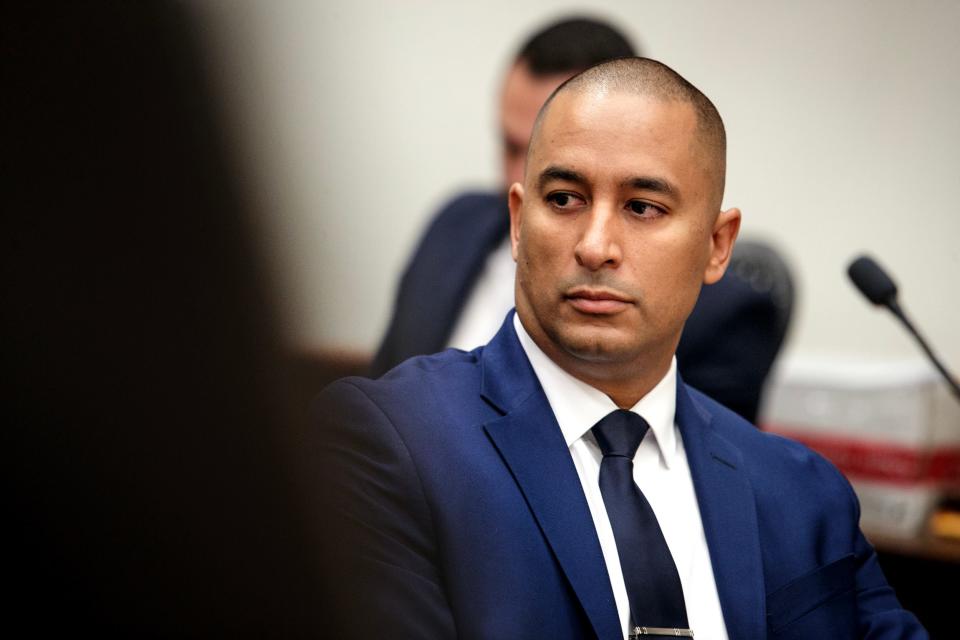 Former Los Angeles Police Department officer Salvador Sanchez during his trial in Indio on Dec. 6.