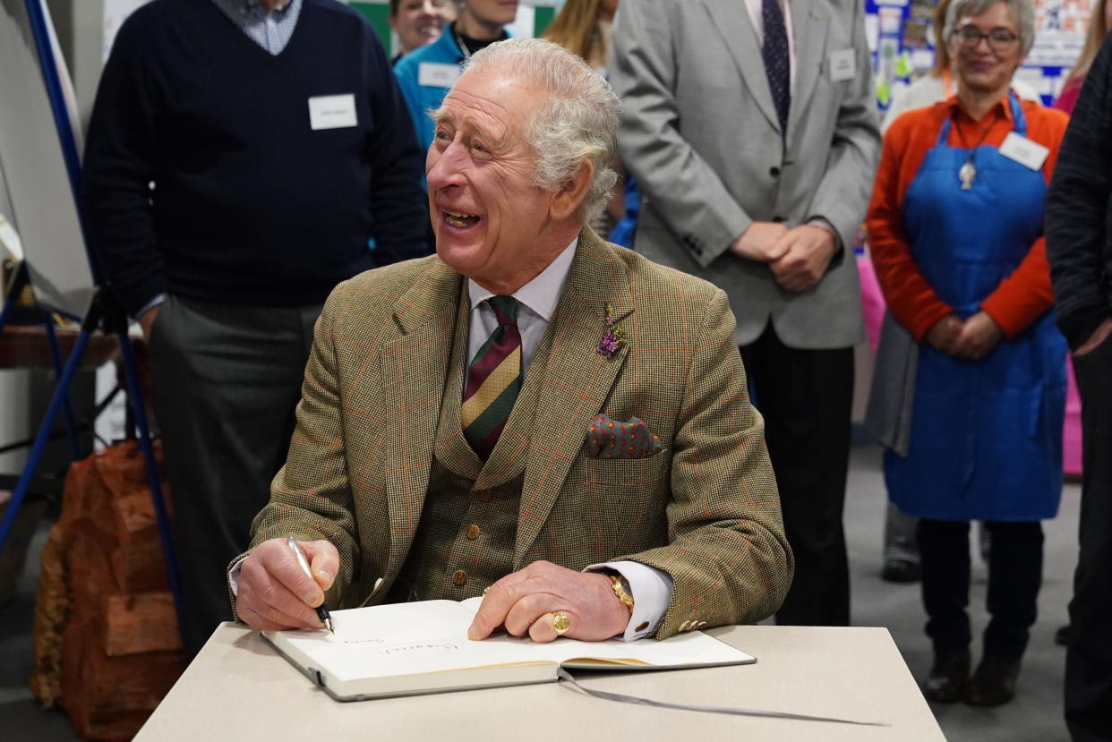 King Charles III visits local hardship support groups and tours new facilities on January 12, 2023, in Aboyne, Scotland. / Credit: Getty