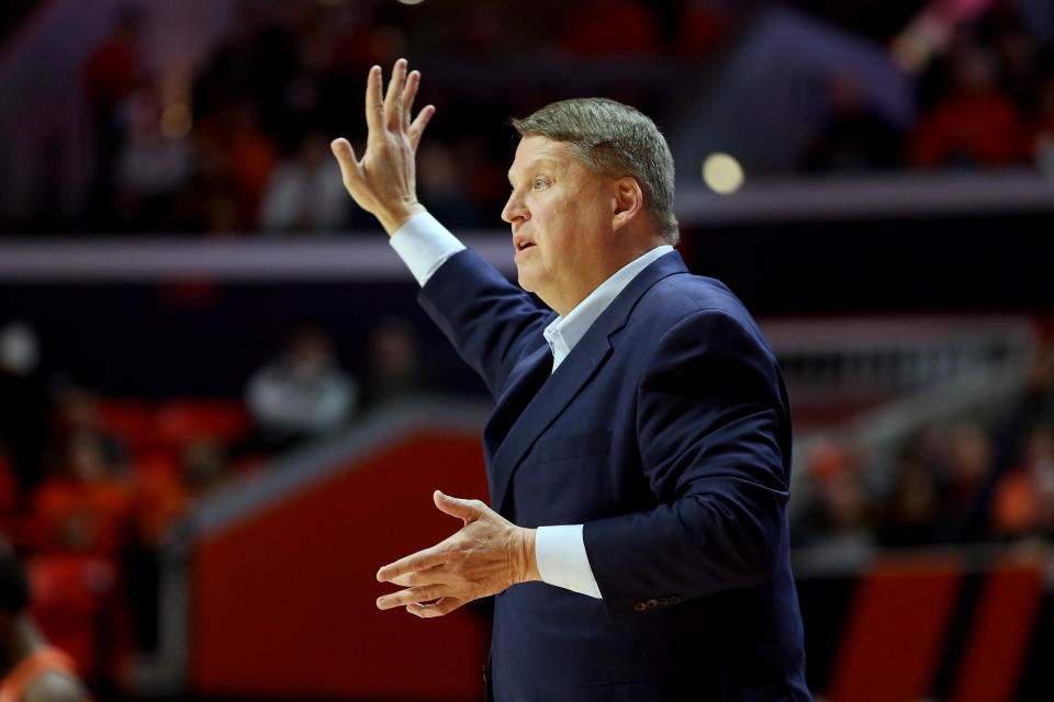 CHAMPAIGN, ILLINOIS - DECEMBER 14: Head coach Jeff Jones of the Old Dominion Monarchs directs his team in the game against the Illinois Fight Illini first half at State Farm Center on December 14, 2019 in Champaign, Illinois. (Photo by Justin Casterline/Getty Images)