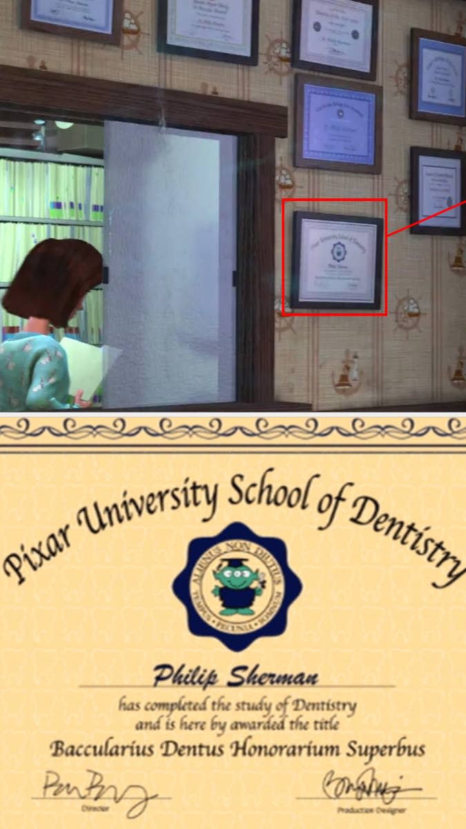 "Pixar University School of Dentistry" hanging in dentist's office