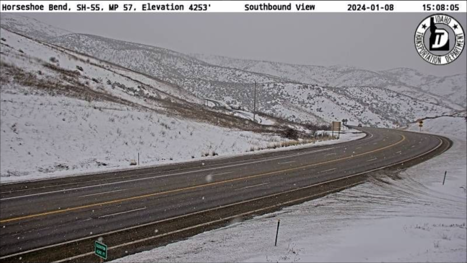 An Idaho Transportation Department camera located at Horsehoe Bend Hill along State Highway 55 on Monday afternoon as the first round of snow moves into Idaho.