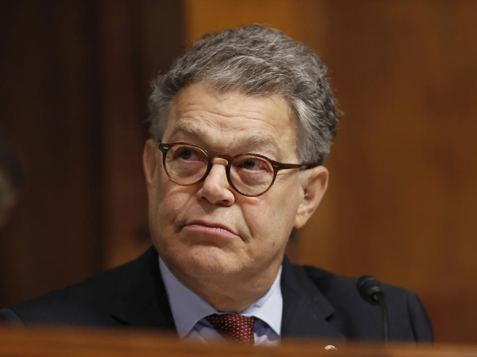 FILE - In this Sept. 20, 2017 file photo, then Sen. Al Franken, D-Minn., listens during a Senate Judiciary Committee hearing for Colorado Supreme Court Justice Allison Eid, on her nomination to the U.S. Court of Appeals for the 10th Circuit, on Capitol Hill in Washington. Franken, who resigned his U.S. Senate seat in 2017 amid sexual misconduct charges, will re-emerge into the public sphere on Saturday when he starts a new weekly radio show on the SiriusXM satellite service. (AP Photo/Alex Brandon, File)