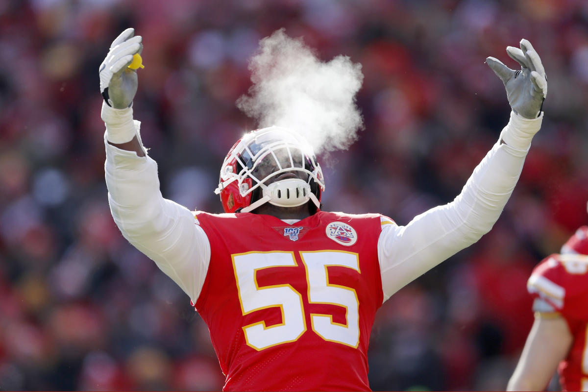 Kansas City Chiefs defensive end Frank Clark (55) rushes during a play  during an NFL football