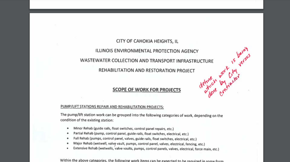 A draft document from the city of Cahokia Heights about how it would spend a $9.9 million state grant on needed sewer repairs includes written comments from the Illinois Environmental Protection Agency seeking more specific language.