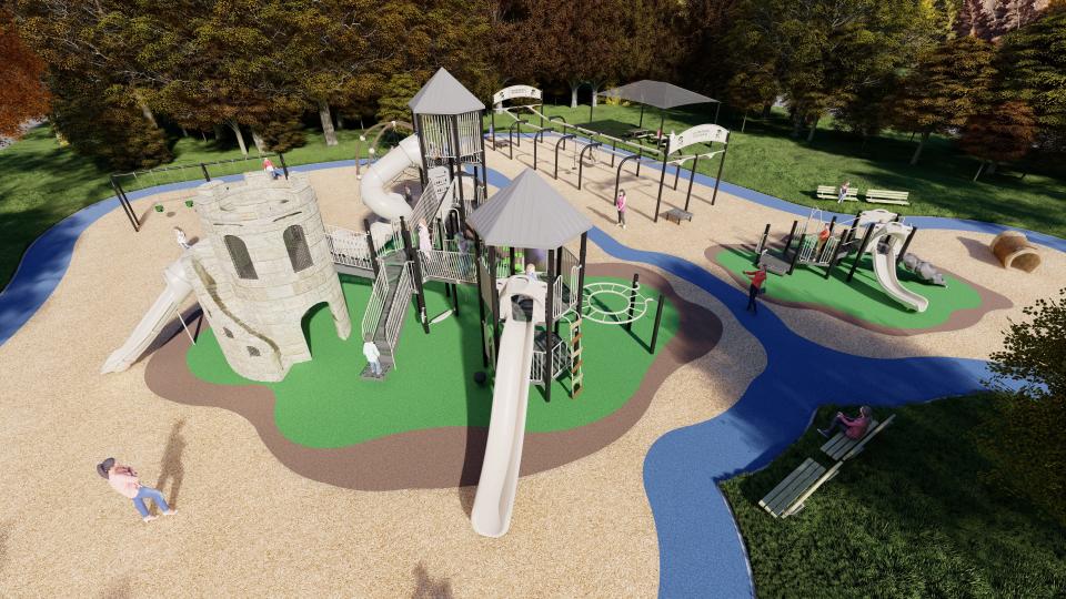 Game Time's conceptual design includes a castle-themed playground with visual flooring and ADA inclusive equipment.