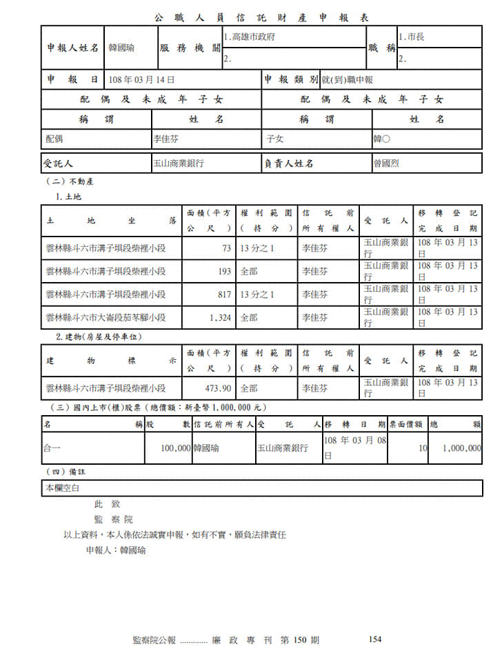 韓國瑜公職人員信託財產申報表。   圖：翻攝黃光芹臉書