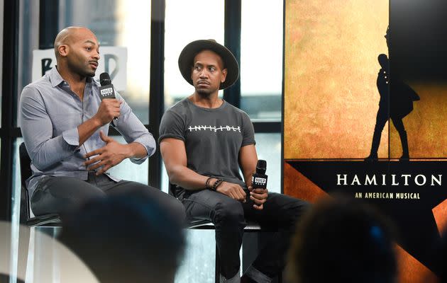 Actors Brandon Victor Dixon, left, and Bryan Terrell Clark discuss the Broadway musical 