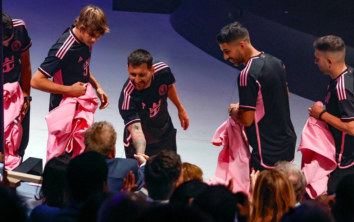 Lionel Messi and the entire Inter Miami team unveil the new uniforms on board the Royal Caribbean International’s Icon of the Seas for the formal announcement of team sponsorship and the ship naming ceremony in Miami, Florida on Tuesday, January 23, 2024.