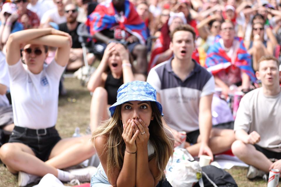 England fans watch a screening of the FIFA Women's World Cup 2023 final between Spain and England at All Points East festival in Victoria Park, London. Picture date: Sunday August 20, 2023.