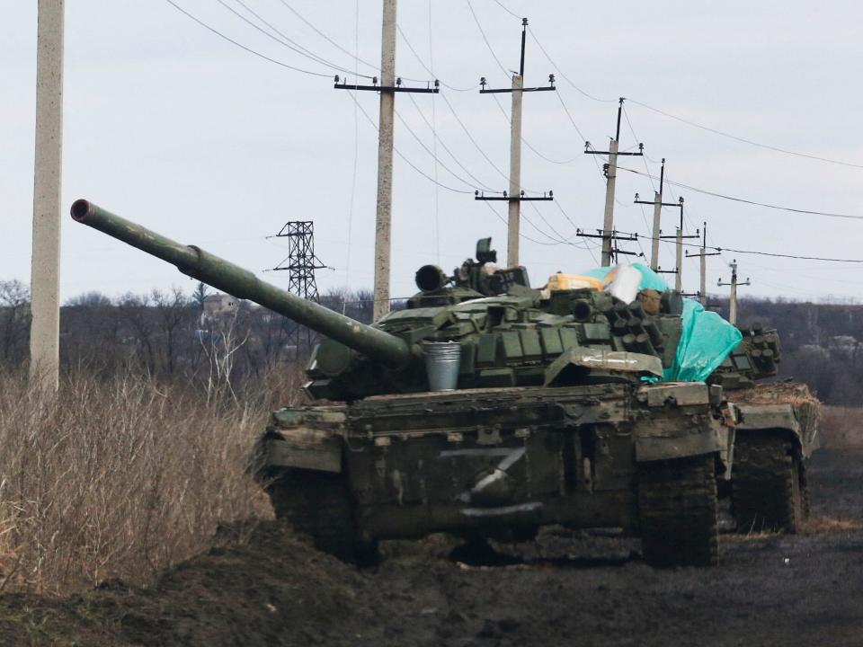 A tank with the symbol "Z" painted on its side is seen in the separatist-controlled village of Bugas during Ukraine-Russia conflict in the Donetsk region, Ukraine March 6, 2022