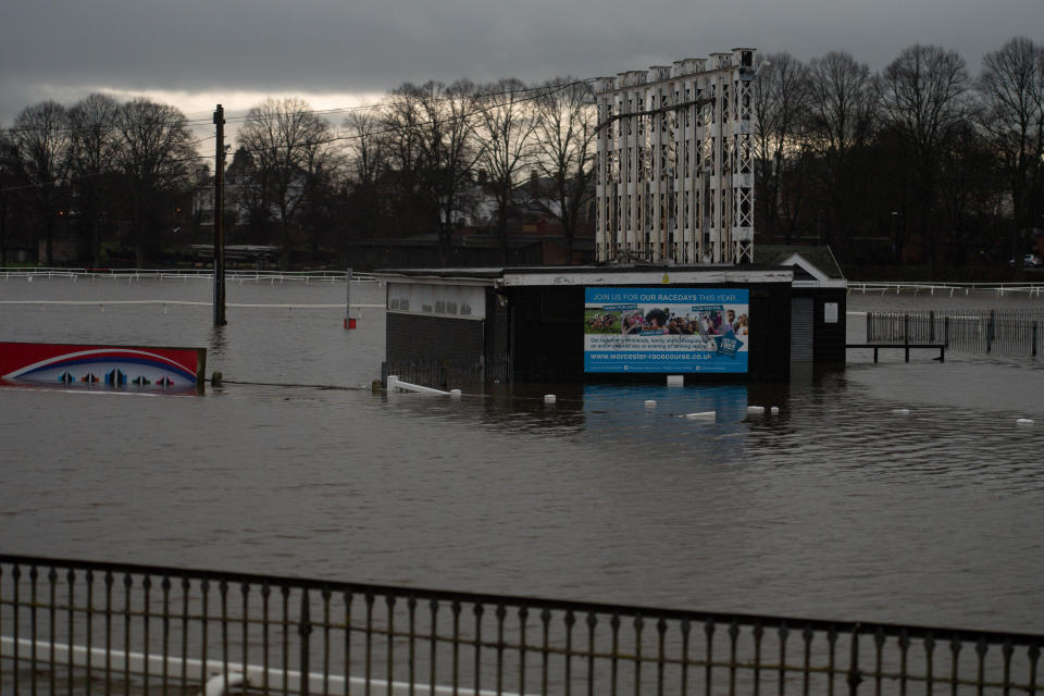 Flood water covers the racecourse at Worcester after heavy rain.