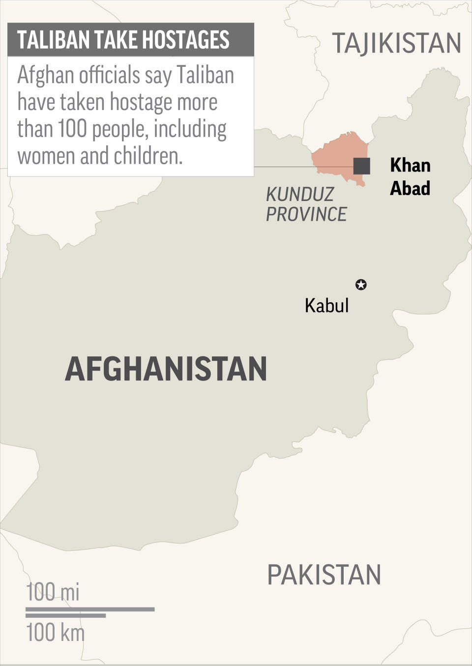 Map locates Khan Abad in Afghanistan, where Taliban fighters took at least 100 people hostage; 1c x 2 inches; 46.5 mm x 50 mm;