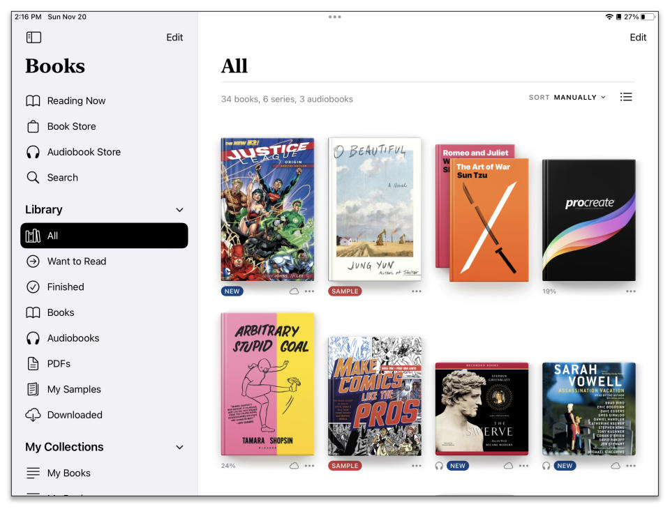 Apple Books y otras aplicaciones de libros electrónicos ofrecen un espacio para leer tus libros y organizar tu biblioteca. Muchas aplicaciones abren y almacenan archivos en formato PDF. (Apple vía The New York Times).