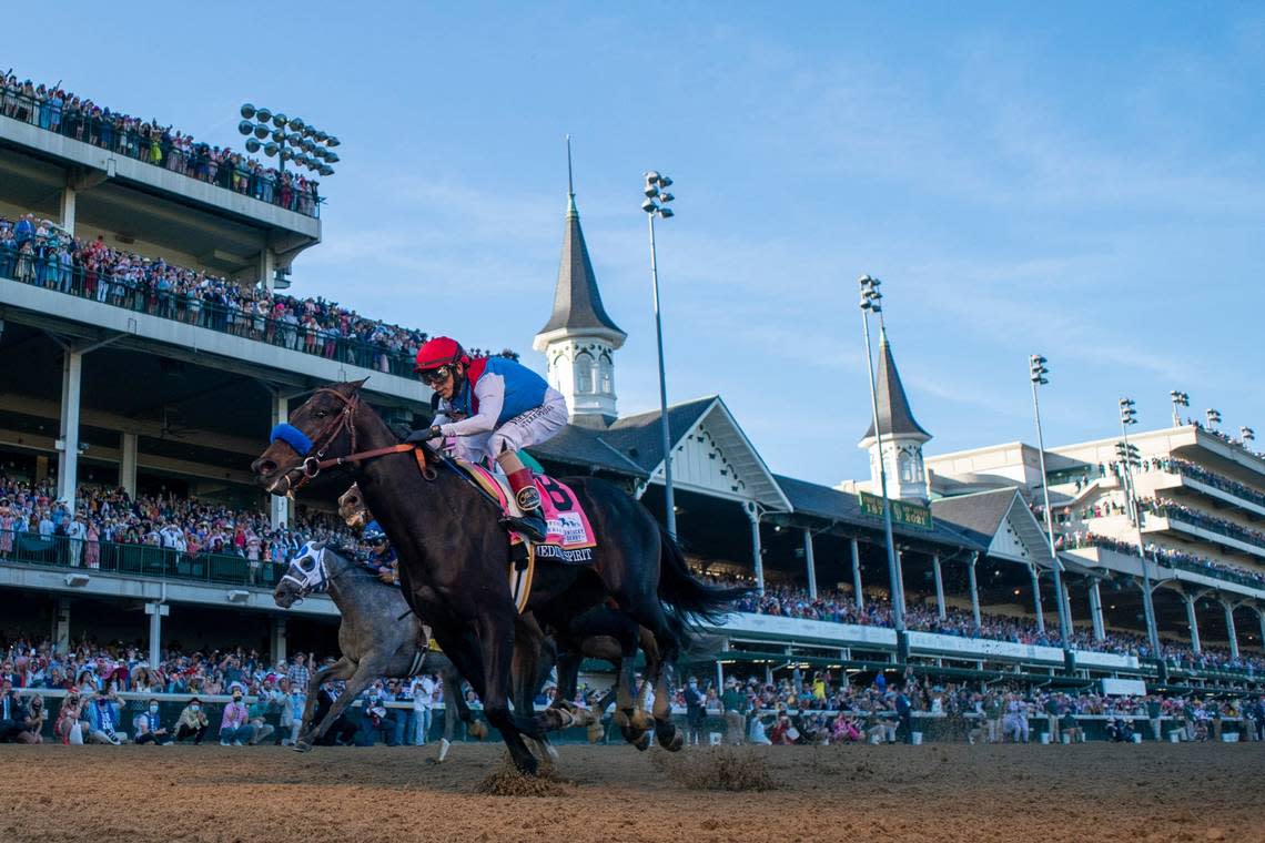 Medina Spirit with John R. Velazquez up, (8) was stripped of his win in the 147th Kentucky Derby, Saturday, May 01, 2021, at the Churchill Downs in Louisville by the Kentucky Horse Racing Commission. Lewis Gardner