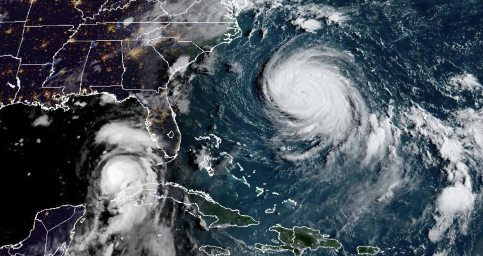Satellite image shows Hurricane Idalia approaching Florida's Gulf Coast, lower left, and Hurricane Franklin out in the Atlantic, right, late Monday, Aug. 28, 2023.  / Credit: CIRA/NOAA