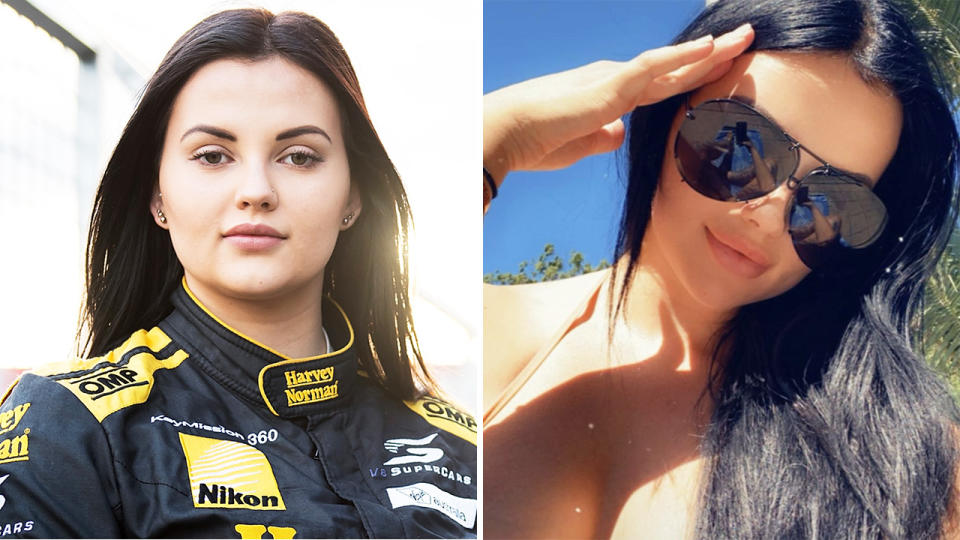 A 50-50 split image shows Renee Gracie at the 2015 Bathurst 1000 next to an image from her Instagram page.