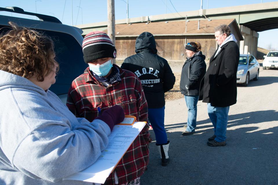 Kim Williams-Gaston, Valeo supervisor of homeless programs, left, fills out a survey for Audry Dibbern Wednesday north of the Kansas River during the annual Point In time Homeless Count.
